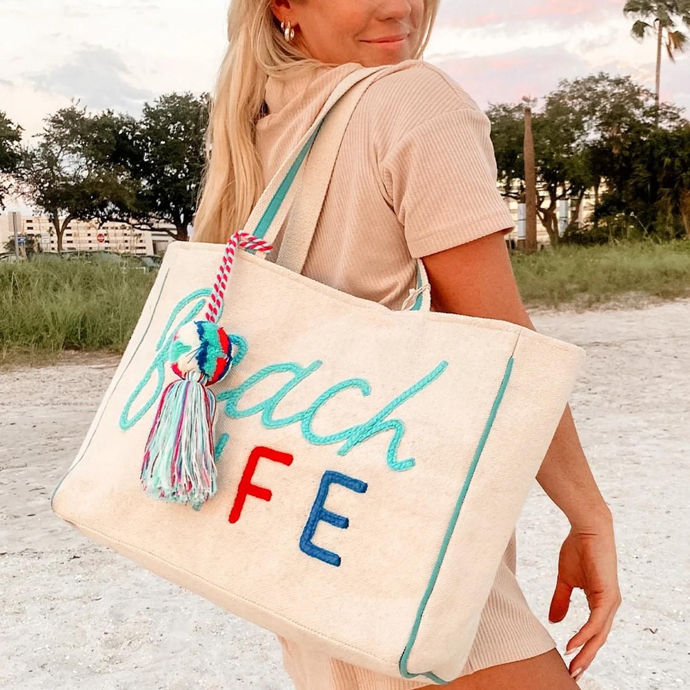 NWT Katydid Beach Life Canvas Tote Bag Turquoise Embroidered Tassel Large NEW
